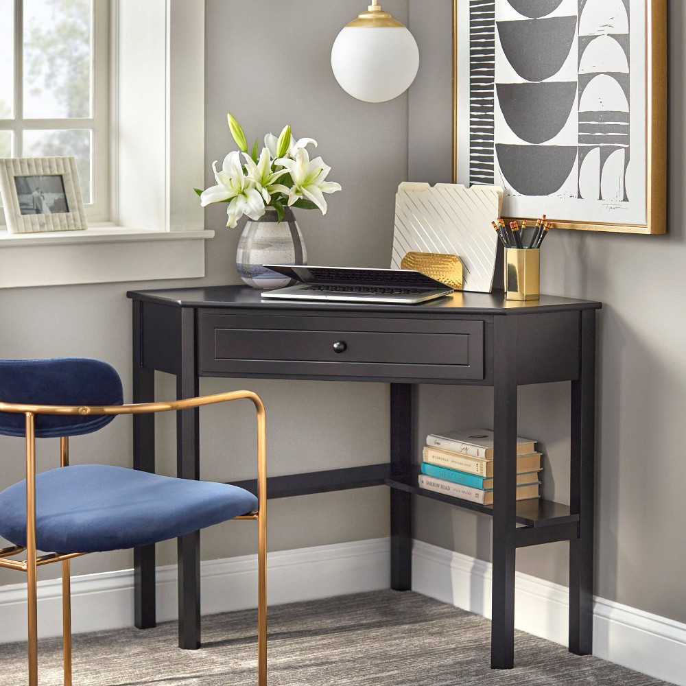 Photos - Office Desk Buylateral Corner Desk with Drawer Black: Wood Frame, MDF Surface, Adult Assembly, All Purpose Drawer