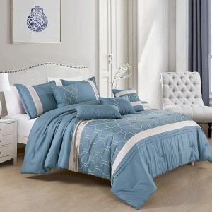 Home Mart Goods 7 Piece Light Blue Ivory Striped Comforter Set Embroidery Soft Bedding - 1 of 4