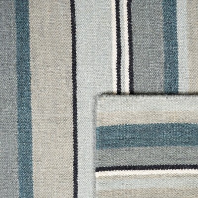 Gray and Blue Striped Wool Flat Woven Rug, 4' x 6'