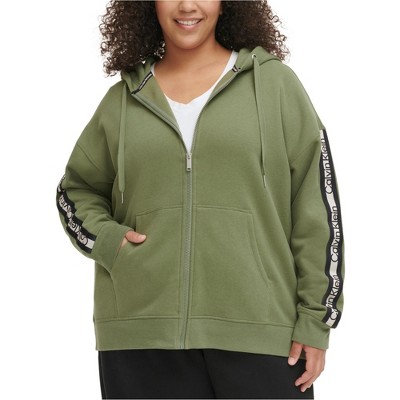Calvin Klein Womens Logo Stripe Hoodie Sweatshirt, Green, 2X