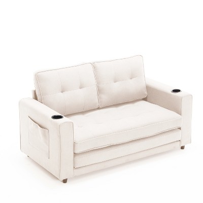 ROOMTEC 3-in-1 Upholstered Futon Sofa Bed, 3 Fold Tufted Loveseat, Pull Out Sleeper Couch Bed, with Side Pockets & Cup Holder for Living Room