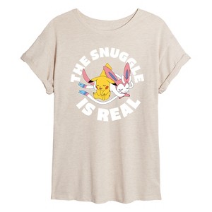 Women's - Pokémon - The Snuggle Is Real Pikachu And Sylveon Oversized Graphic T-Shirt - 1 of 4
