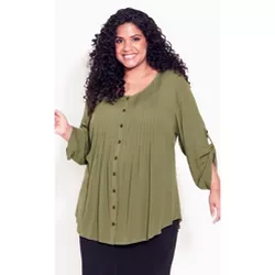 AVENUE | Women's Plus Size Sandy Pintuck Plain Shirt - olive -30W