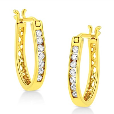 14K Yellow Gold Plated Silver 1/4 Cttw Diamond Leverback Hoop Earrings