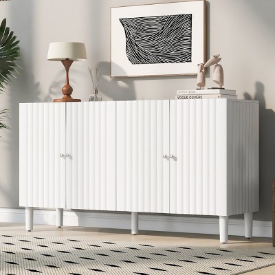 Elegant Wooden Sideboard Cabinet,Four-Door Storage Cabinet with Wavy Pattern Doors,Cylindrical Legs and Metal Handles,Adjustable Shelf-Cuddlewood