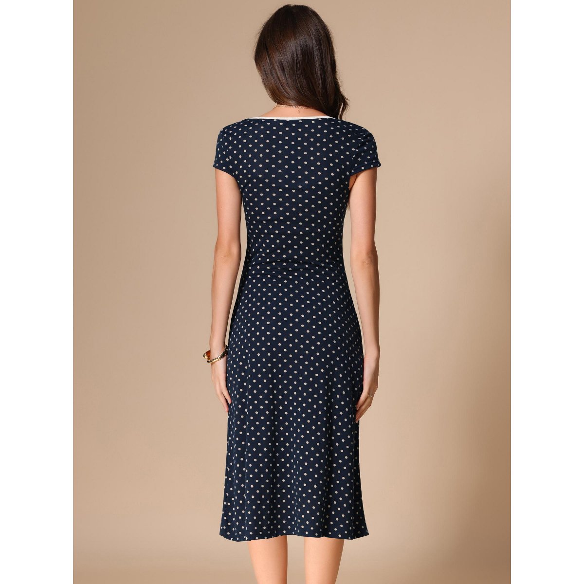 Женские платья INSPIRE CHIC Women's V Neck Cap Sleeve Polka Dots Summer Vintage Classic Midi Dress Small Dark Blue — фото 4