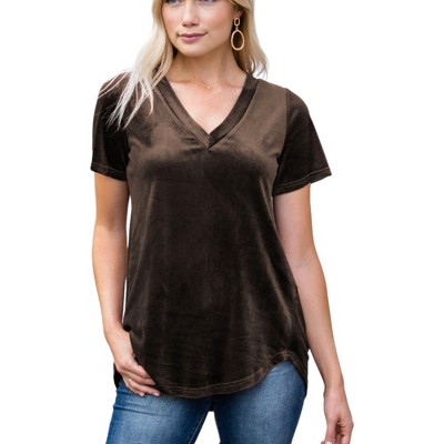 Amaryllis Women's Short-Sleeve Casual V-Neck Velvet High Low Tee Soft Luxurious Rich Texture