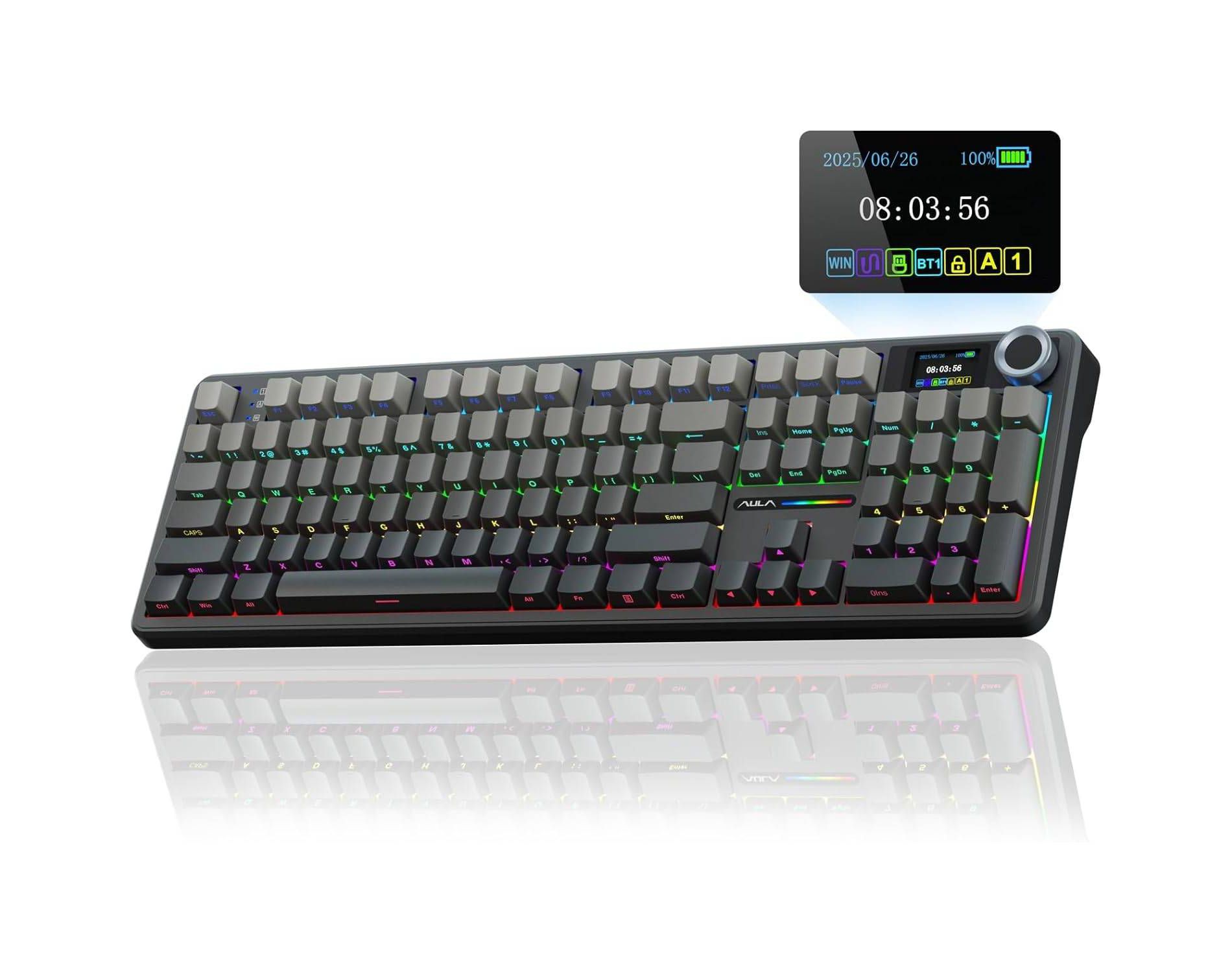 AULA F108Pro Wireless Mechanical Gaming Keyboard, Hot Swappable, RGB-TFT Screen, Num Pad, Tri-Mode