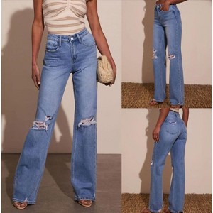 Mocamel Women's High Waist Ripped Stretch Straight Jeans, Vintage Washed - 1 of 4