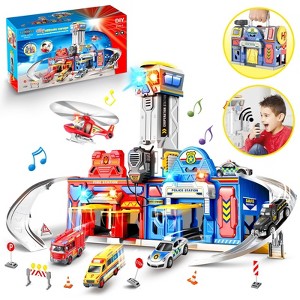 Terramus 29.5'' Large City Action Rescue Vehicle Toddler Playset  Fire Station Transform Track with 4 Cars, Helicopte,r Gifts for Kids Aged 3+ - 1 of 4