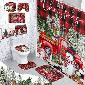 8 Pcs Christmas Shower Curtain Set - Santa, Tree, Snowman, Towels, Rugs, Toilet Cover, Hooks Shower Curtain Is about 70.87 X 70.87 - 1 of 4