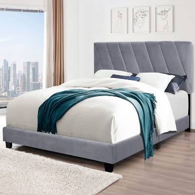 Queen Size Upholstered Platform Bed Frame with Adjustable Headboard 4W, Gray/Blue -ModernLuxe