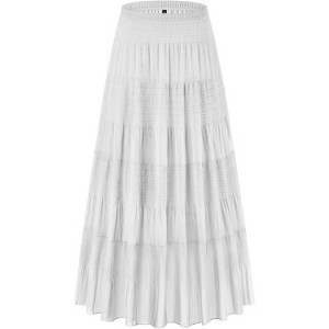 Women's Chiffon Boho Maxi Skirt - High Waist Tiered Pleated Floral A-Line Long Skirt White - 1 of 4