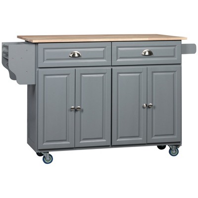 HOMCOM Rolling Kitchen Island on Wheels, Kitchen Cart with Solid Wood Drop Leaf Breakfast Bar, Storage Drawers, 4-Door Cabinets, Spice Rack