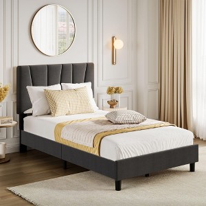 Coolmee Twin/Full/Queen/King Size Bed Frame with Adjustable Headboard, Linen Upholstered Platform Bed Frame with Strong Wooden Slats - 1 of 4