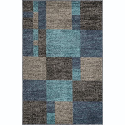 Blue Gray Geometric Synthetic Stain-Resistant Rectangular Rug