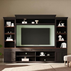 Farmhouse 4-Piece Entertainment Wall Unit with Bookshelf for TVs Up to 70, Large Mid-Century Media Console with Wine Rack and Adjustable Shelves - 1 of 4
