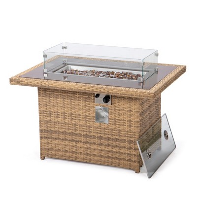 Light Brown Wicker Gas Fire Pit Table with Glass Shield