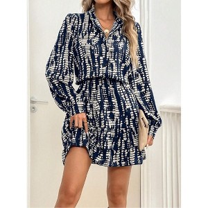 Coolmee Women's Casual Summer Fall Dresses Waisted Long Sleeve Printed Button Down V Neck High Waist Ruffle Hem A Line Flowy Mini Dresses S Dark Blue - 1 of 4