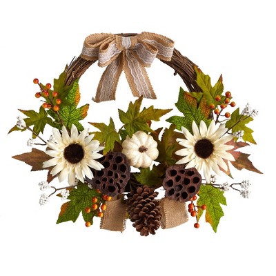 Nearly Natural 20” Autumn Sunflower, White Pumpkin and Dried Lotus Pod Artificial Fall Wreath with Decorative Bow