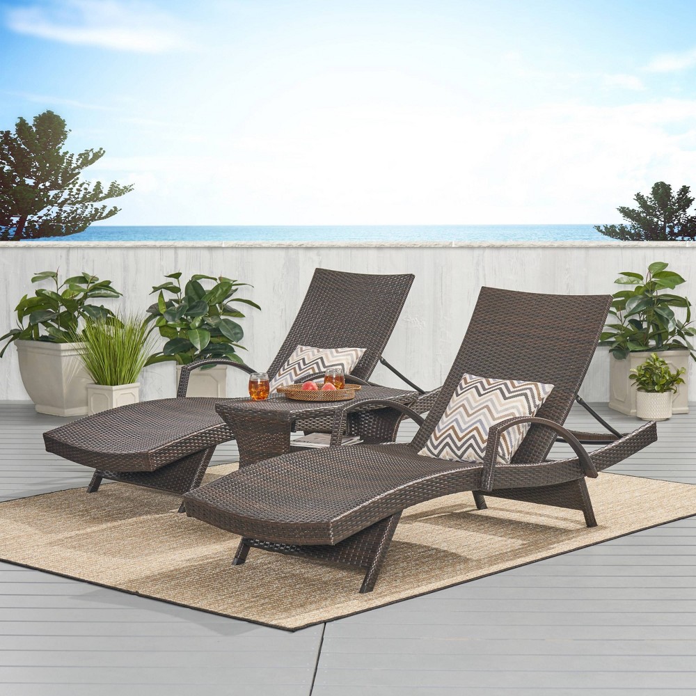 Megalo 3pc All-Weather Wicker Patio Chaise Lounge w/ Side Table - Brown - Christopher Knight Home: Outdoor Seating Set, No Assembly Required
