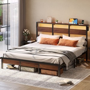 Bestier Queen Bed Frame with LED, Metal Platform Bed with Storage Headboard & Charging Station,Mattress Foundation with Heavy-duty Frame, Walnut - 1 of 4