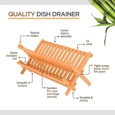 Natural Bamboo Foldable Dish Drying Rack with Cup Holder