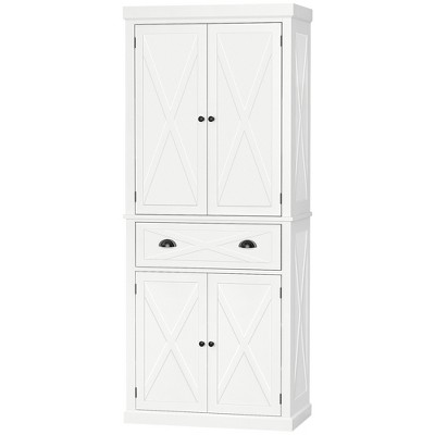 White Freestanding 4-Door Kitchen Pantry Cabinet with Drawer