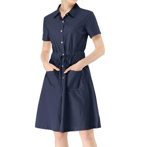 INSPIRE CHIC Women's Point Collar Front Elastic Waist Drawstring Mini Shirt Dress with Pocket - 1 of 4