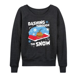 Women's - SpongeBob SquarePants - Dashing Through The Snow Lightweight French Terry Wide Neck Long Sleeve Shirt - 1 of 4