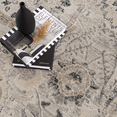 Georgiana Rustic Farmhouse Floral Medallion Area Rug in Beige and Charcoal
