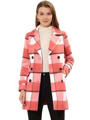 Allegra K Women's Notched Lapel Double Breasted Winter Plaids Overcoat