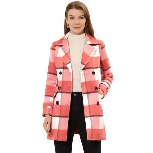 Allegra K Women's Notched Lapel Double Breasted Winter Plaids Overcoat - 1 of 4