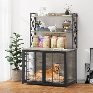 TROPOW Heavy Duty Kennel with Storage Shelves, Decorative Indoor Cage with 4 Doors, Wooden End Table for  Dogs (Gray) - 1 of 4