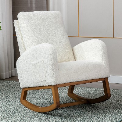 HOMEFUN Modern White Teddy Rocking Chair, Glider Chair with Rubber Pad & Side Pocket, Armchair with Solid Wood Frame