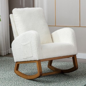 HOMEFUN Modern White Teddy Rocking Chair, Glider Chair with Rubber Pad & Side Pocket, Armchair with Solid Wood Frame - 1 of 4