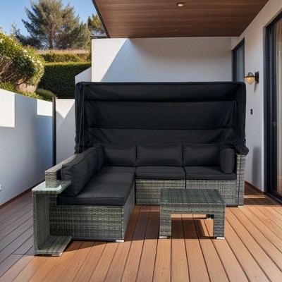 VisioGear Patio Seating Sets, 7-Piece Patio Furniture Set with Retractable Canopy and Washable Cushions, Gray & Black, 78.74"*27.56"*59.06"