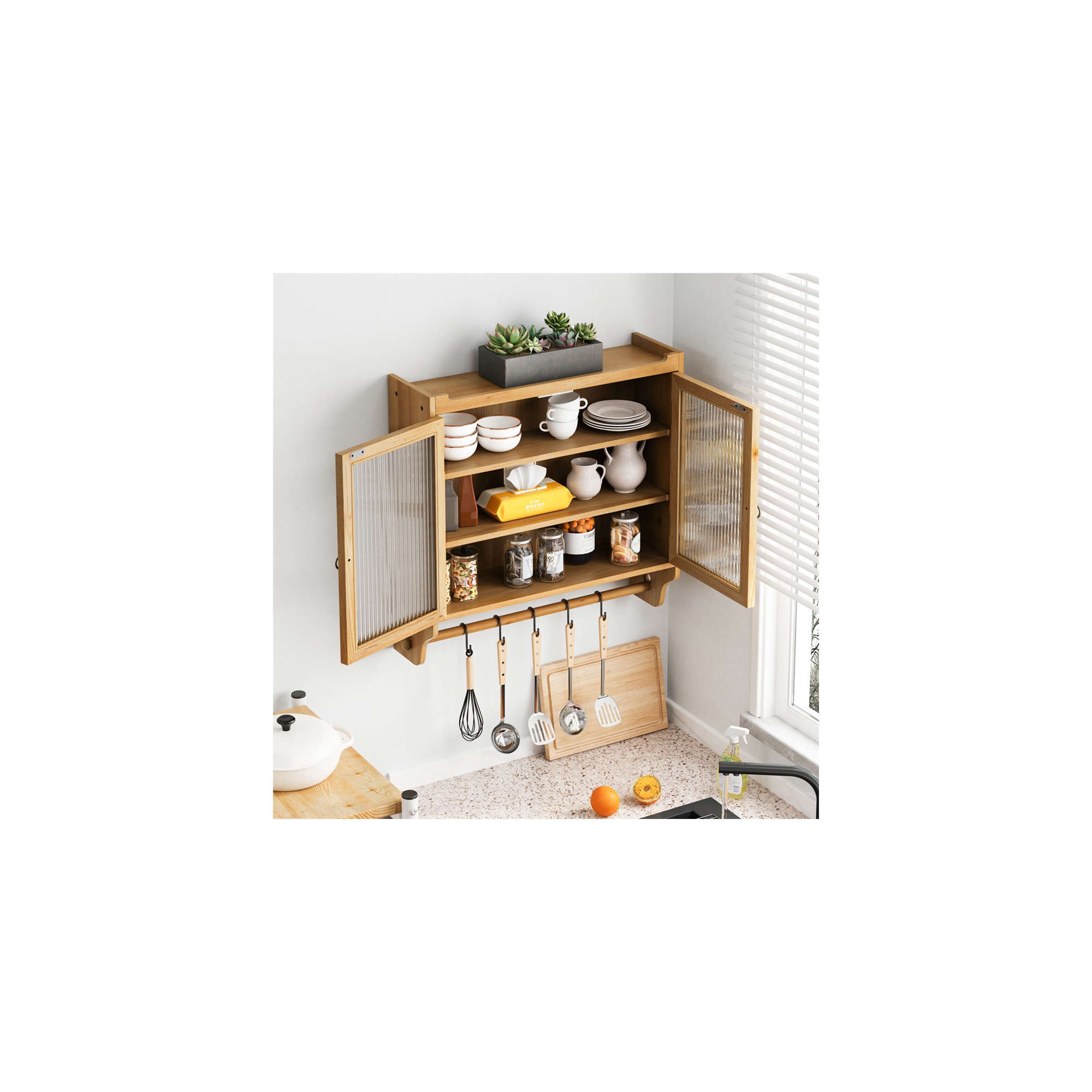 Kitchen Wall Cabinet With Towel Rack, 24.8''Glass Door Vintage Double Door Wall Cabinet With Three Tiers of Storage, for Bathroom, Kitchen,Dining Room