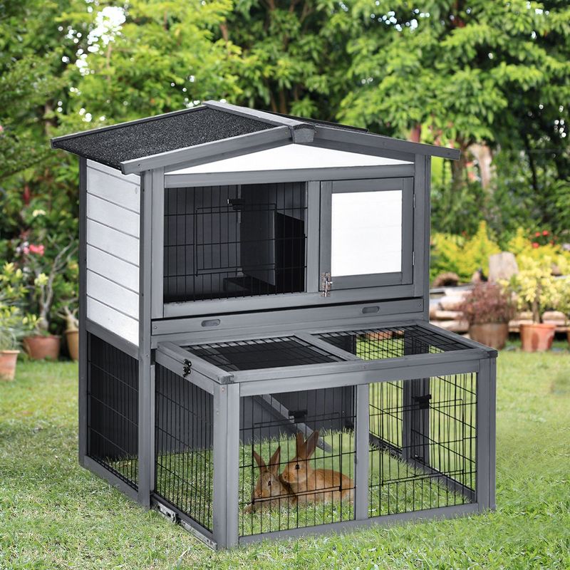 PawHut Wooden 2 Story Rabbit Hutch Bunny Hutch with Slide-Out Run, Openable Roof, Lockable Doors, Ramp and No Leak Tray for Outdoor, gray, and White, 2 of 7