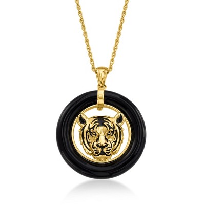 Ross-Simons Black Agate Tiger Pendant Necklace With Black Enamel in 18kt Gold Over Sterling Size 18