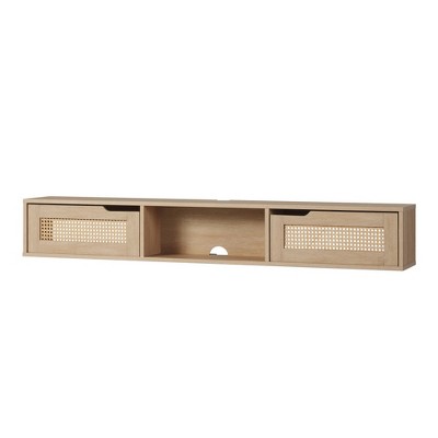 Chic Crate - 65" Coastal-Design Floating TV Stand - Rattan-Accented Media Console w/ Open Shelf - Driftwood Oak & Seagrass Finish
