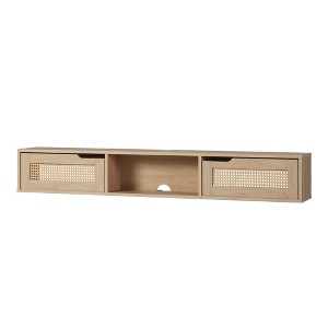 Chic Crate - 65" Coastal-Design Floating TV Stand - Rattan-Accented Media Console w/ Open Shelf - Driftwood Oak & Seagrass Finish - 1 of 4