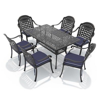 Hzzkey 7-Piece Rectangle Cast Aluminum Patio Set , Blue Cushions , Umbrella Hole , Black