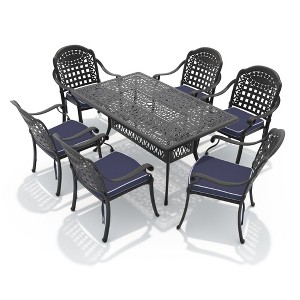 Hzzkey 7-Piece Rectangle Cast Aluminum Patio Set , Blue Cushions , Umbrella Hole , Black - 1 of 4
