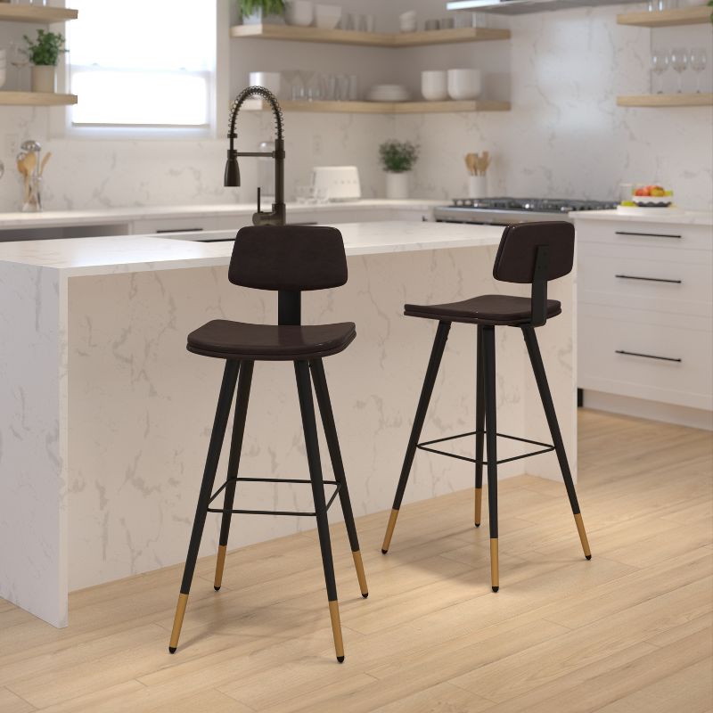 Flash Furniture Kora Commercial Grade Low Back Barstools-LeatherSoft Upholstery-Iron Frame-Integrated Footrest-Gold Tipped Legs-Set of 2, 3 of 14