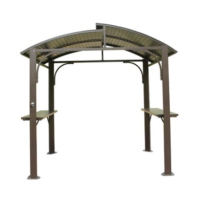 DOMETOUR 8x5FT Arc Roof BBQ Gazebo Grill Canopy with Double Steel Roof & 2 Side Shelves for Patio, Garden, Backyard, Brown