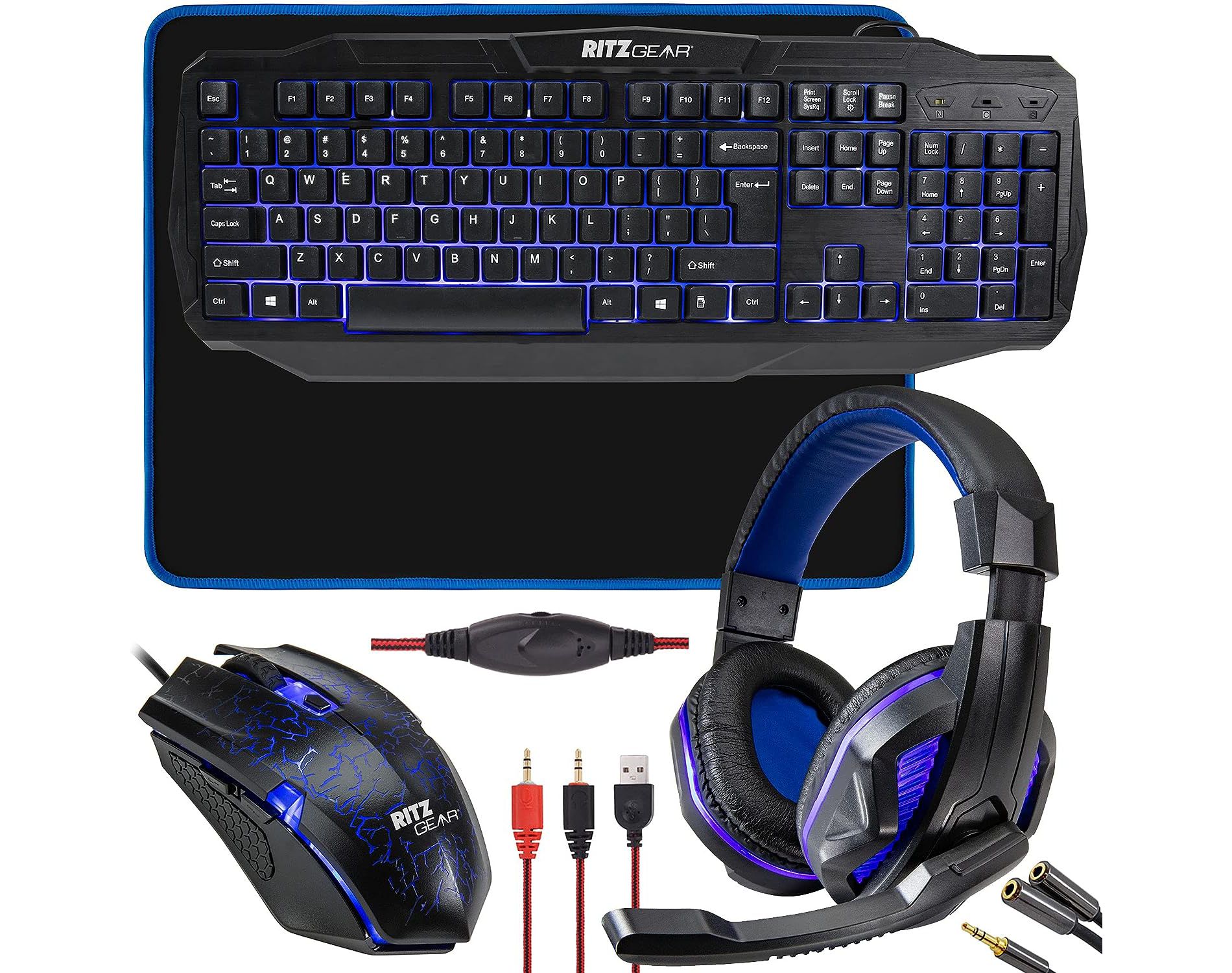 Ritz Gear 4-in-1 LED Backlight Gaming Kit (Blue) — Keyboard, Mouse, Headset & Mouse Pad Bundle