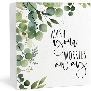 Wash Your Worries Away Funny Bathroom Wooden Box Sign, Eucalyptus Botanical Wood Signs - 1 of 4