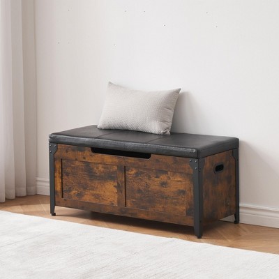 Storage Chest, Wood Storage Bench with Seating and Safety Hinge, Entryway Bench with Storage