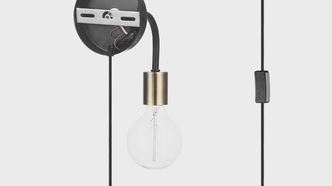 Holden 1-Light Long Arm Matte Black Plug-In or Hardwire Wall Sconce with Brass Socket - Globe Electric, 2 of 8, play video